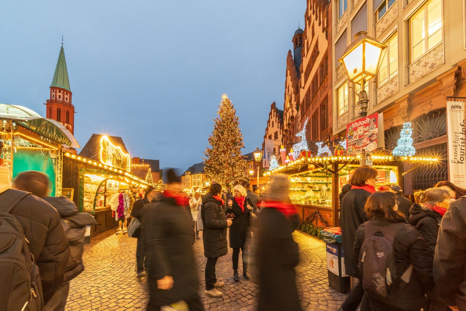 Lit stalls and Christmas tree on the Römerberg in Frankfurt, a stop on a Christmas market river cruise along the Main